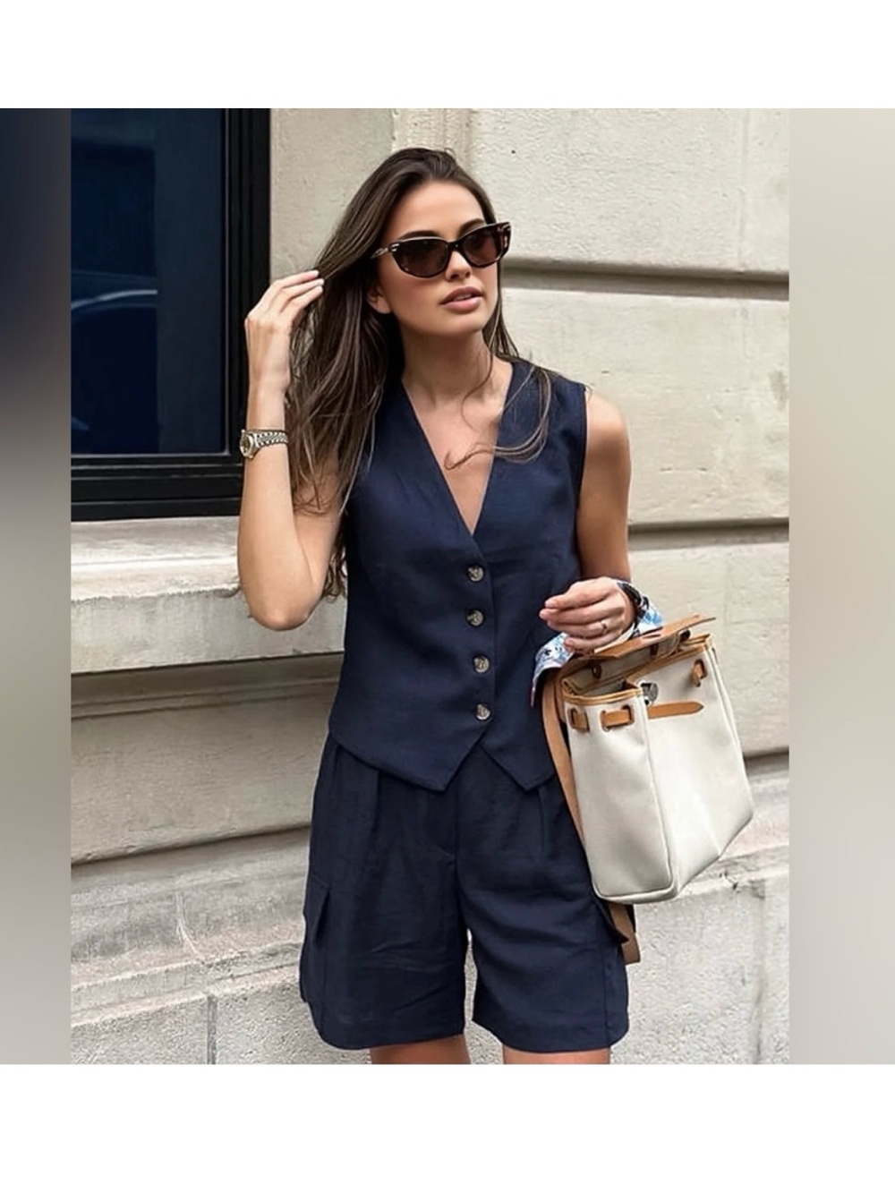 Commense Navy Sleeveless Buttoned Vest & Shorts Set
